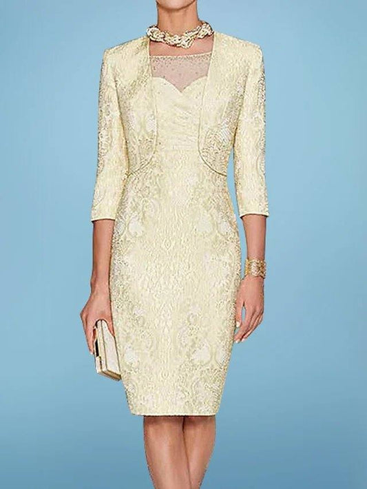 Two Piece Sheath / Column Mother of the Bride Dress Elegant Illusion Neck Knee Length Lace Satin 3/4 Length Sleeve with Appliques - RongMoon