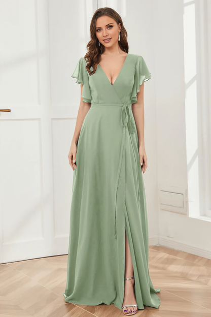 V-neck ruffled sleeve chiffon slit and floor length bridesmaid dress