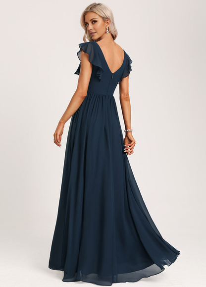 Ruffled A-line V-neck Floor-length Chiffon Bridesmaids Dress