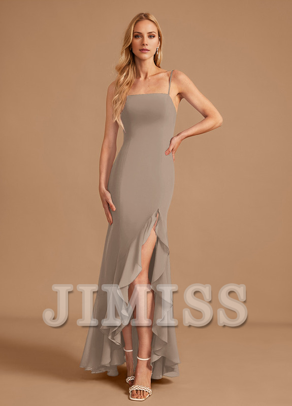Trumpet Fishtail Square Floor Length Chiffon Ruffle Bridesmaid Dress