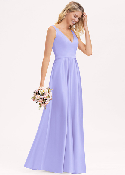 A-line V-neck floor-length satin bridesmaid dress