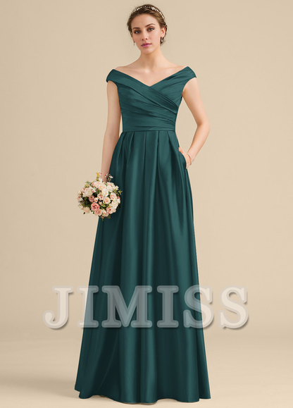 Ruffled A-Line Off-The-Shoulder Floor-Length Satin Bridesmaids Dress