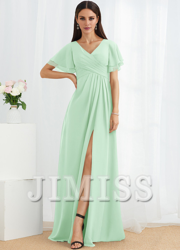 A-line V-neck floor-length chiffon bridesmaid dress