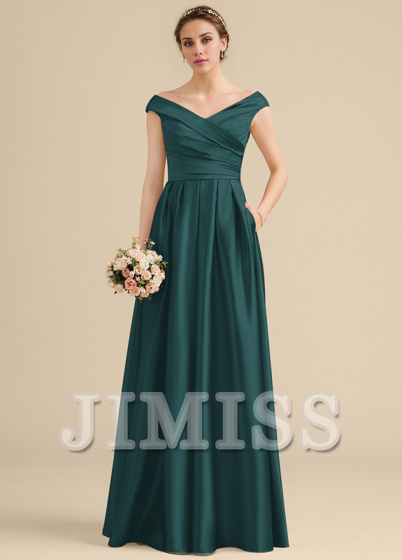 Ruffled A-Line Off-The-Shoulder Floor-Length Satin Bridesmaids Dress