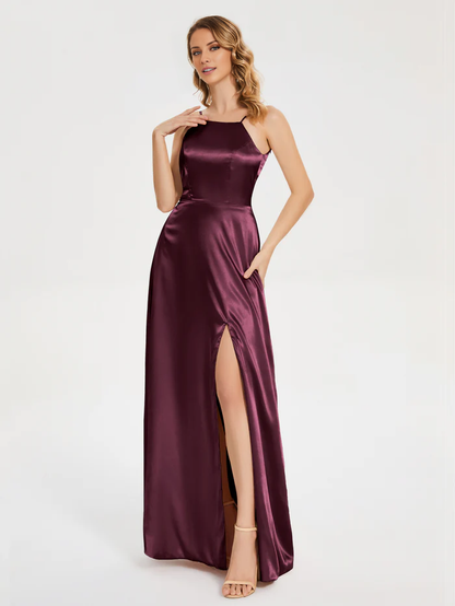Thin shoulder strap slit backless soft satin and floor length bridesmaid dress