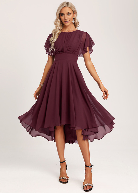 Ruffled A-line Spoon Asymmetric Chiffon Bridesmaids Dress