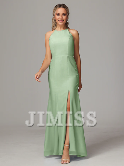 Hanging neck backless chiffon side slit bridesmaid dress