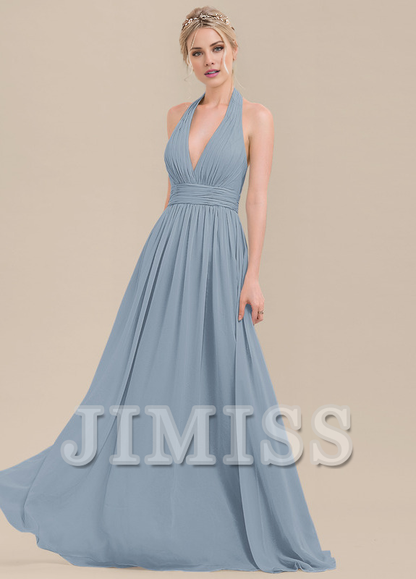 Ruffled A-Line Halter Neck Floor Length Chiffon Bridesmaids Dress