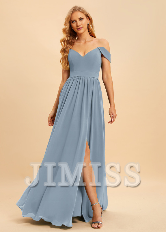 A-line off-the-shoulder floor-length chiffon bridesmaid dress