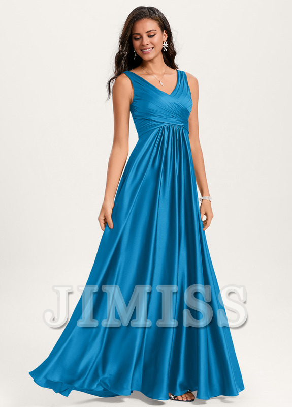 Ruffled A-line V-neck Floor-length Satin Bridesmaids Dress