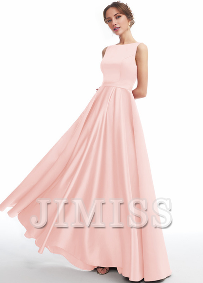 A-line Scoop Neck Floor Length Satin Bridesmaids Dress