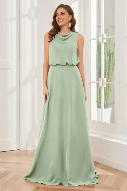 Pillar style wind neck sleeveless chiffon and floor length bridesmaid dress