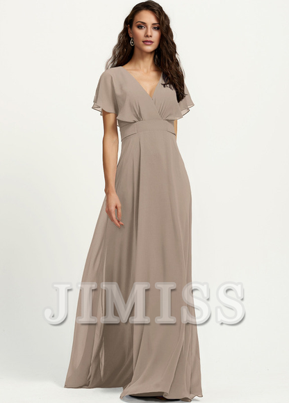 A-line V-neck floor-length chiffon bridesmaid dress