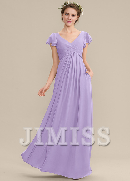 Tiered Ruffle A-Line V-Neck Floor-Length Chiffon Bridesmaids Dress