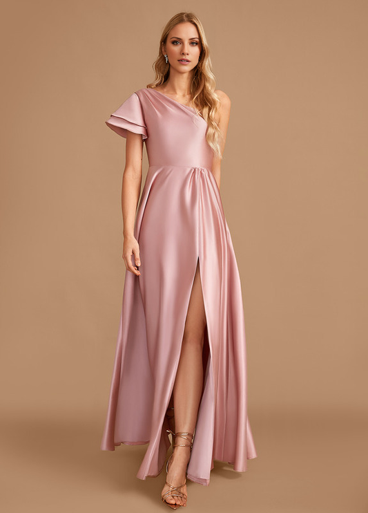 A-line one-shoulder floor-length satin bridesmaid dress