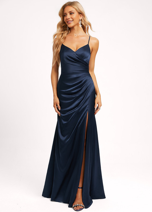 A-line V-neck floor-length satin bridesmaid dress