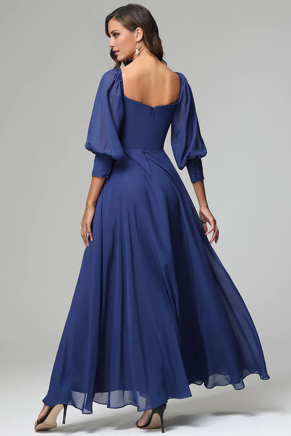 Square neck 3/4 sleeve slit chiffon and floor length bridesmaid dress