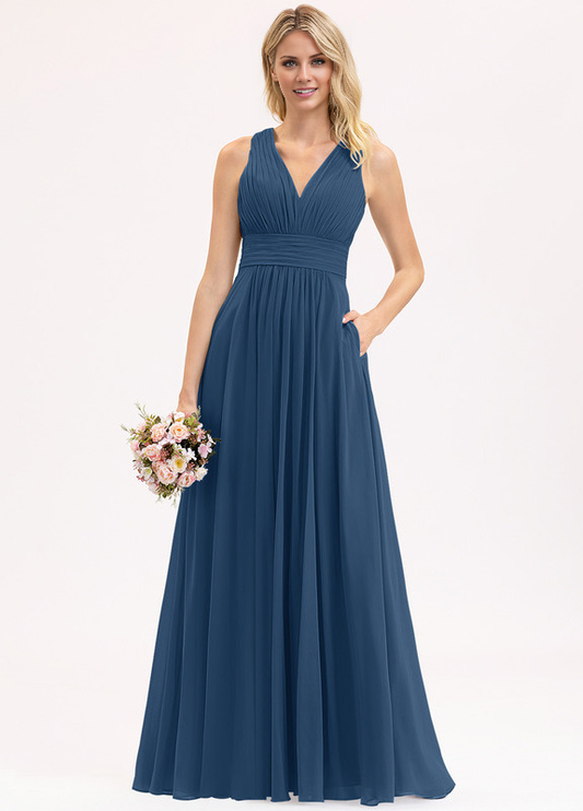 Bow Ruffle A-Line V-Neck Floor Length Chiffon Bridesmaids Dress