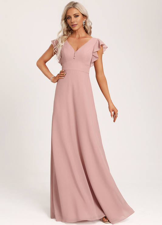 Ruffled A-line V-neck Floor-length Chiffon Bridesmaids Dress