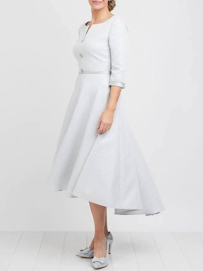 A-Line Mother of the Bride Dress Elegant Off Shoulder Tea Length Satin Half Sleeve with Pleats - RongMoon