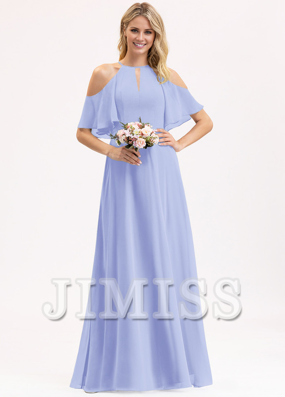 A-line off-the-shoulder scoop neck floor-length chiffon bridesmaid dress