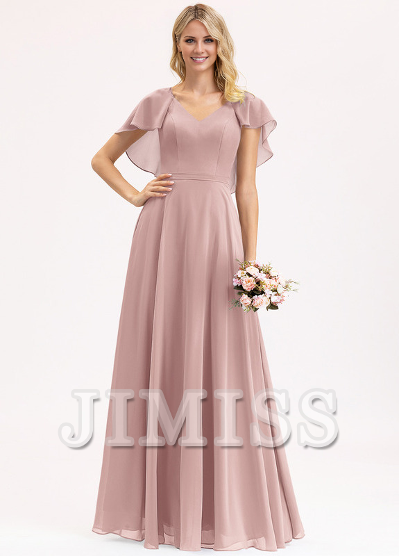 Tiered Ruffle A-Line V-Neck Floor-Length Chiffon Bridesmaids Dress