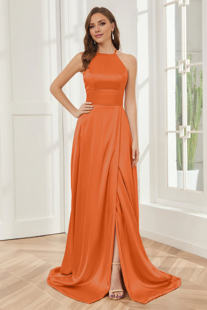 Column neck hanging soft satin and floor length bridesmaid dress