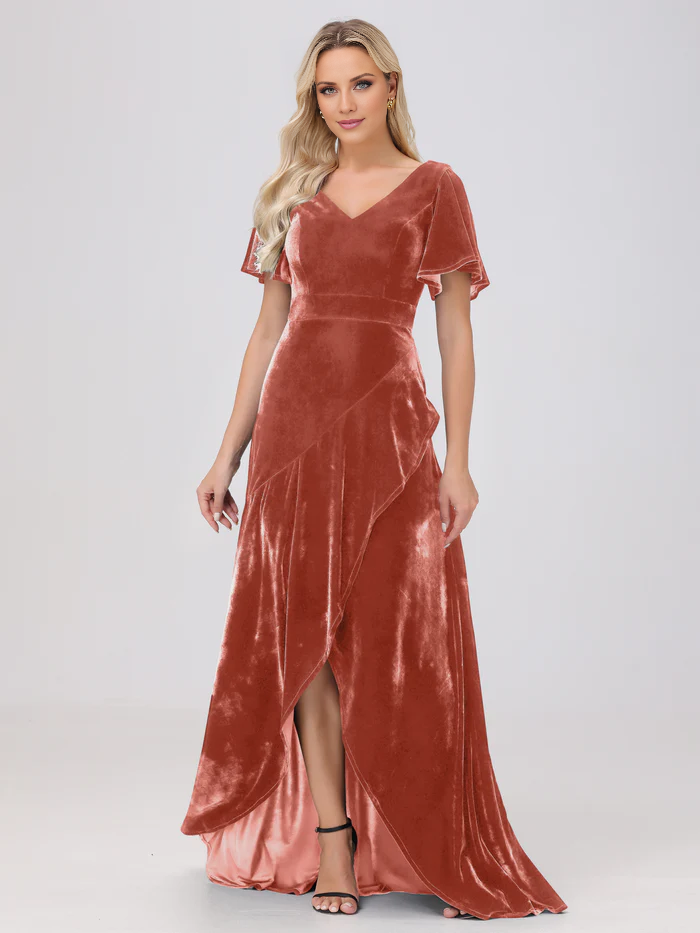 V-neck short sleeved ruffled velvet and floor length bridesmaid dress