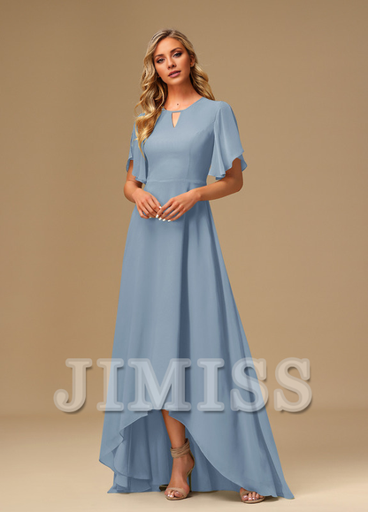 Ruffled A-line Boat Neck Asymmetric Chiffon Bridesmaids Dress