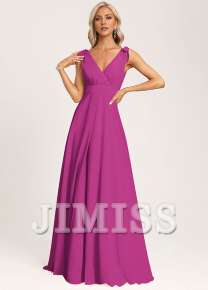 A-line V-neck floor-length chiffon bow bridesmaid dress