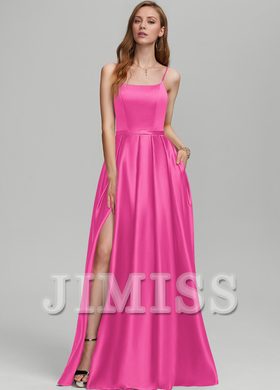 A-Line Square Floor Length Satin Bridesmaids Dress