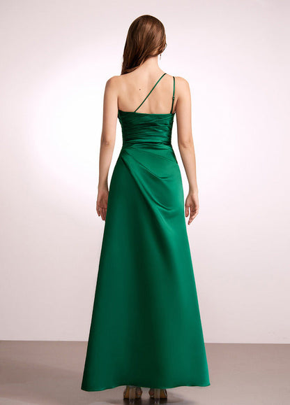 A-line one-shoulder floor-length satin bridesmaid dress
