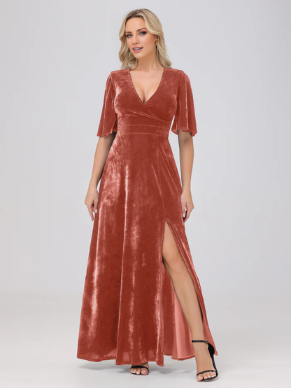 A-line V-neck short sleeved slit velvet and floor length bridesmaid dress