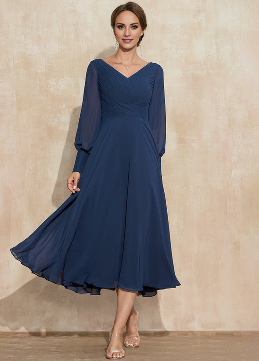 A-line V-neck tea-length chiffon pleated bridesmaid dress