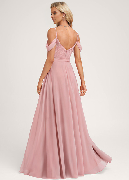 A-line off-shoulder floor-length chiffon bridesmaid dress