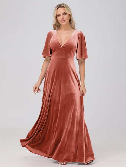 A-line V-neck short sleeved velvet and floor length bridesmaid dress