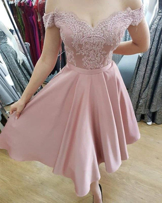 Tea Length Bridesmaid Dresses Lace Appliques Off Shoulder - RongMoon
