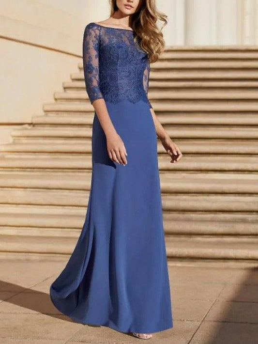 A-Line Mother of the Bride Dress Elegant Off Shoulder Floor Length Chiffon Lace Half Sleeve with Appliques - RongMoon