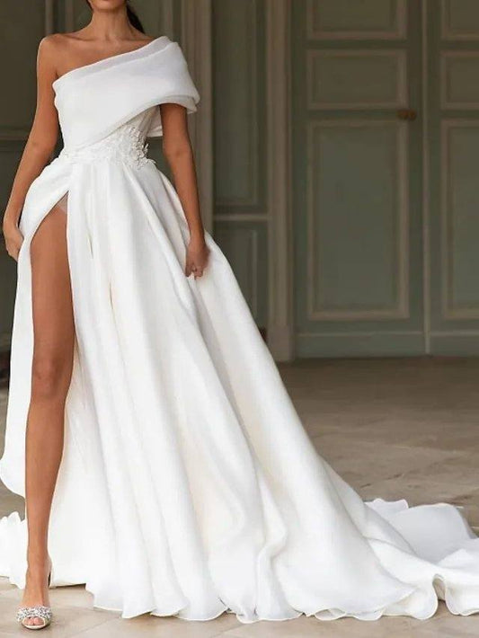 A-Line Wedding Dresses One Shoulder Sweep / Brush Train Chiffon Over Satin Short Sleeve Simple Modern with Split Front - RongMoon