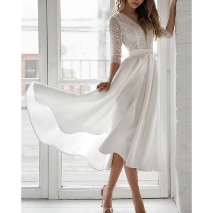 A-Line Wedding Dresses V Neck Asymmetrical Tea Length Lace Satin 3/4 Length Sleeve Vintage 1950s with Pleats - RongMoon