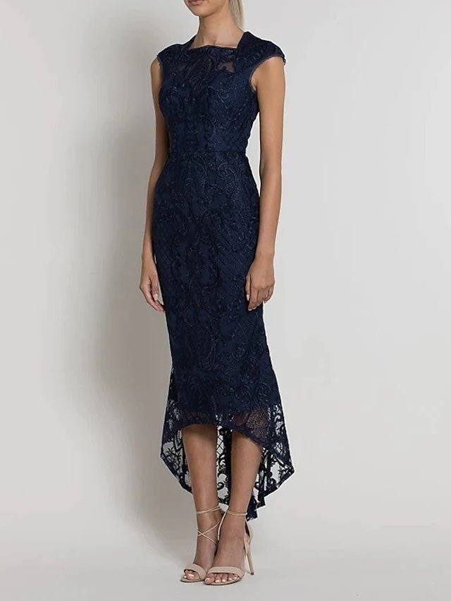 Mermaid / Trumpet Jewel Neck Asymmetrical Lace Bridesmaid Dress with Lace / Appliques - RongMoon