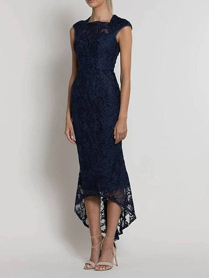 Mermaid / Trumpet Jewel Neck Asymmetrical Lace Bridesmaid Dress with Lace / Appliques - RongMoon