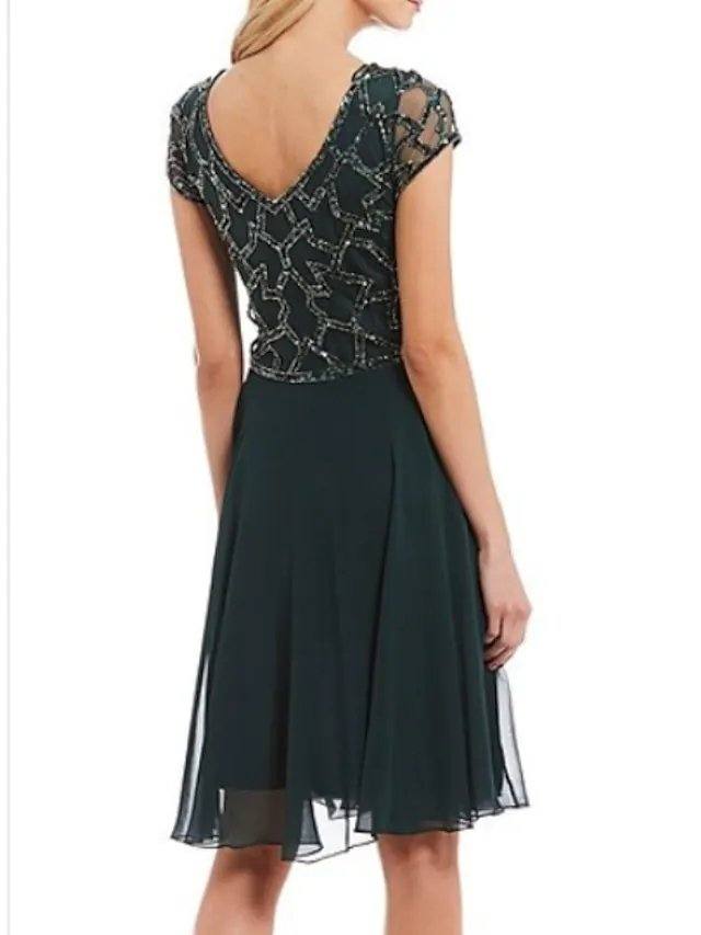 A-Line Mother of the Bride Dress Plus Size V Neck Knee Length Chiffon Short Sleeve with Beading Ruching - RongMoon