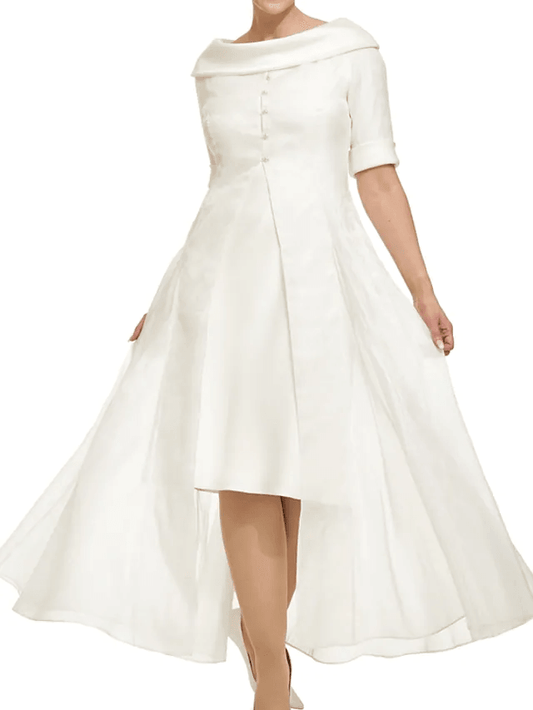 Sheath / Column Mother of the Bride Dress Elegant Cowl Neck Knee Length Chiffon Satin Half Sleeve with Buttons - RongMoon