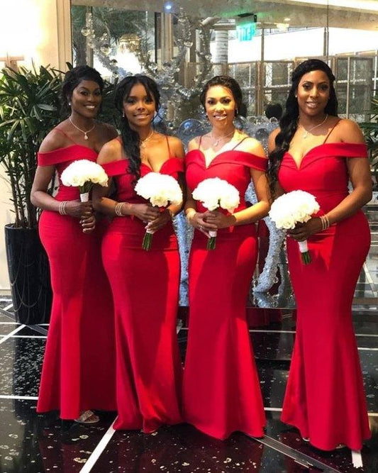Red Bridesmaid Dresses For Women Mermaid Off The Shoulder Backless Long Cheap Under 50 Wedding Party Dresses - RongMoon