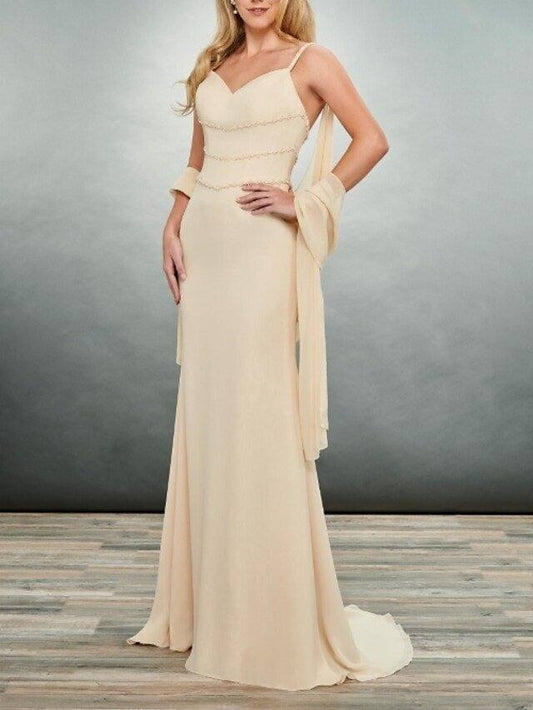 Sheath / Column Mother of the Bride Dress Elegant V Neck Floor Length Chiffon Sleeveless with Tier Ruching - RongMoon