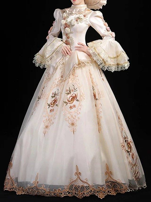 Ball Gown Elegant Vintage Halloween Quinceanera Dress High Neck Long Sleeve Floor Length Satin with Lace Insert Appliques - RongMoon