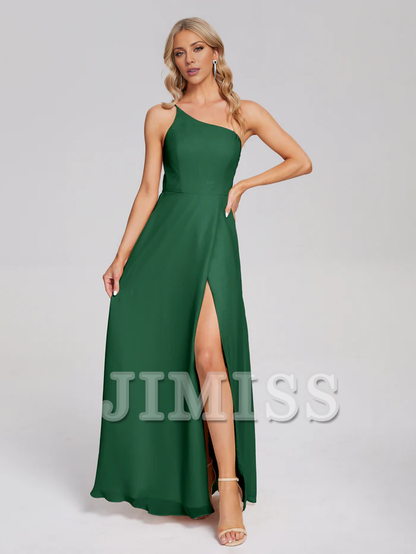 Shoulder side slit chiffon and floor length bridesmaid dress