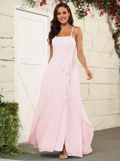 Beautiful chiffon thin shoulder strap and floor length bridesmaid dress