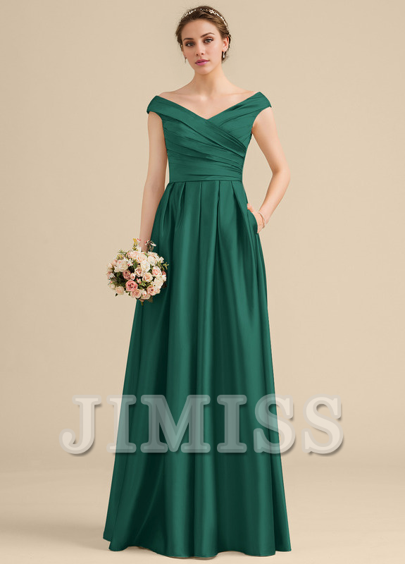 Ruffled A-Line Off-The-Shoulder Floor-Length Satin Bridesmaids Dress